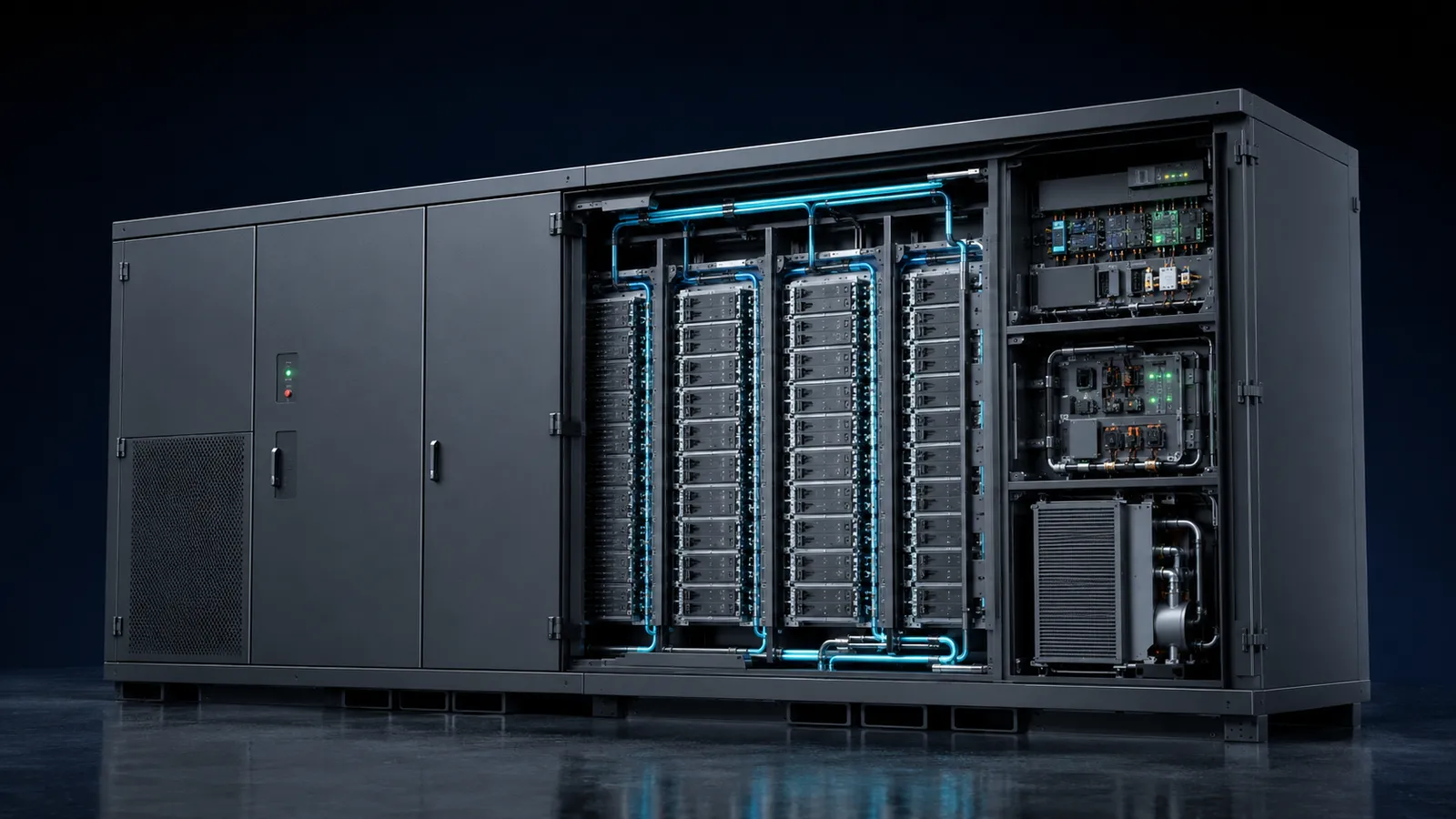 Rack de armazenamento de energia (BESS) da Endriva, vista interna com conexões de alta potência.