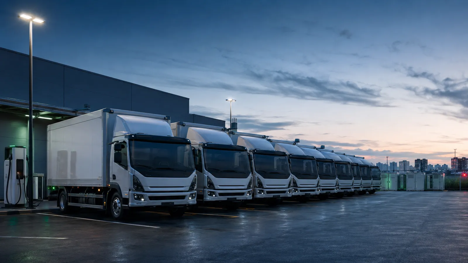 Fila de caminhões elétricos conectados simultaneamente aos carregadores de um centro de distribuição ao entardecer.